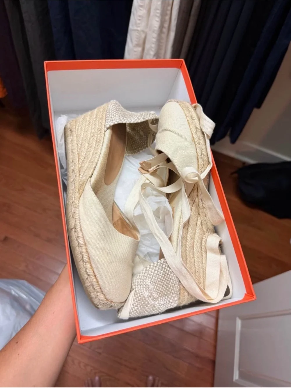 Castaner Cream Espadrille Wedge Sandals with Ankle Wrap